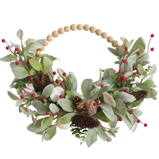 Green Wreath for Front Door, Wood Bead Wreath
